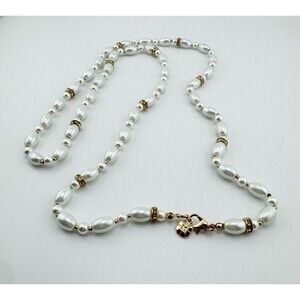 Vintage Monet Faux Rice Pearl Necklace Gold Tone Accents Rhinestone Retro Glam